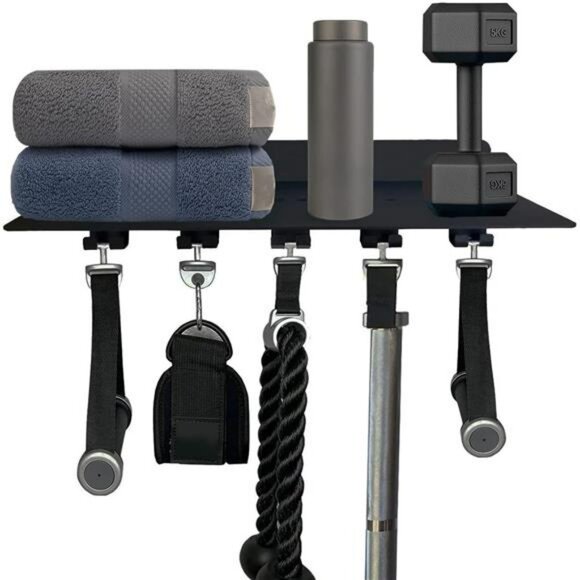 Wall Mounted Gym Shelf with Hooks Black Floating Storage Rack for Workout Gear - Picture 1 of 8